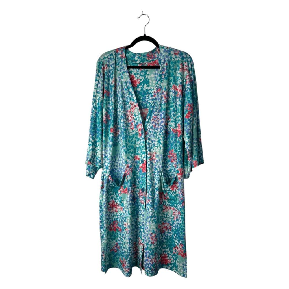 Carole Hochman Sleepwear Womens Size M Blue Floral Robe Button Front Housecoat